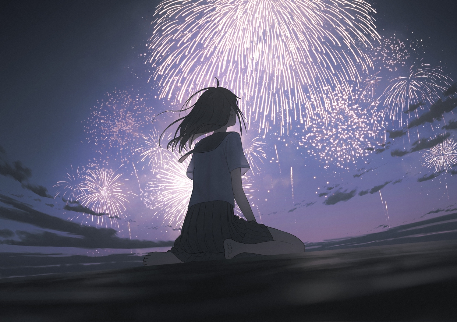 barefoot, clouds, fireworks, night, o-bana, original, polychromatic, school_uniform, skirt, sky