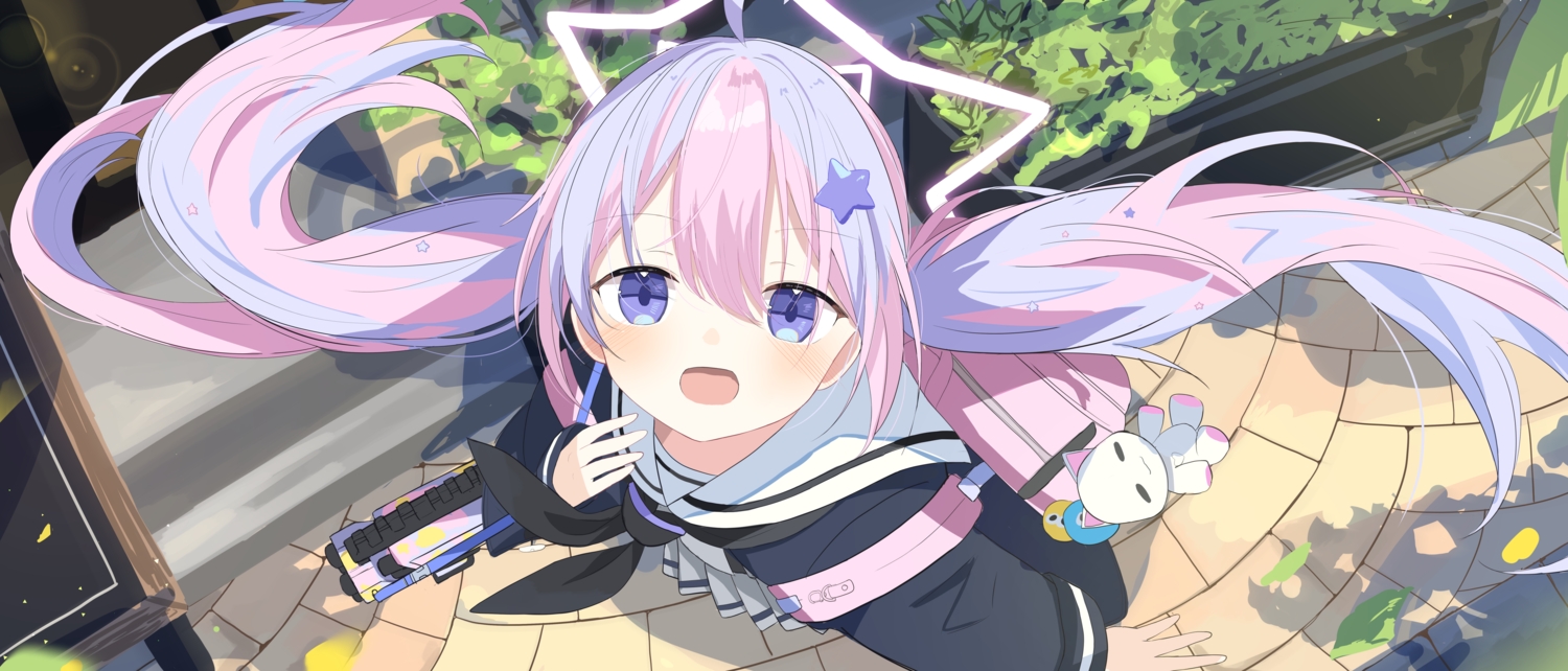 blue_archive, blush, close, force_(fossan_01), gun, halo, leaves, loli