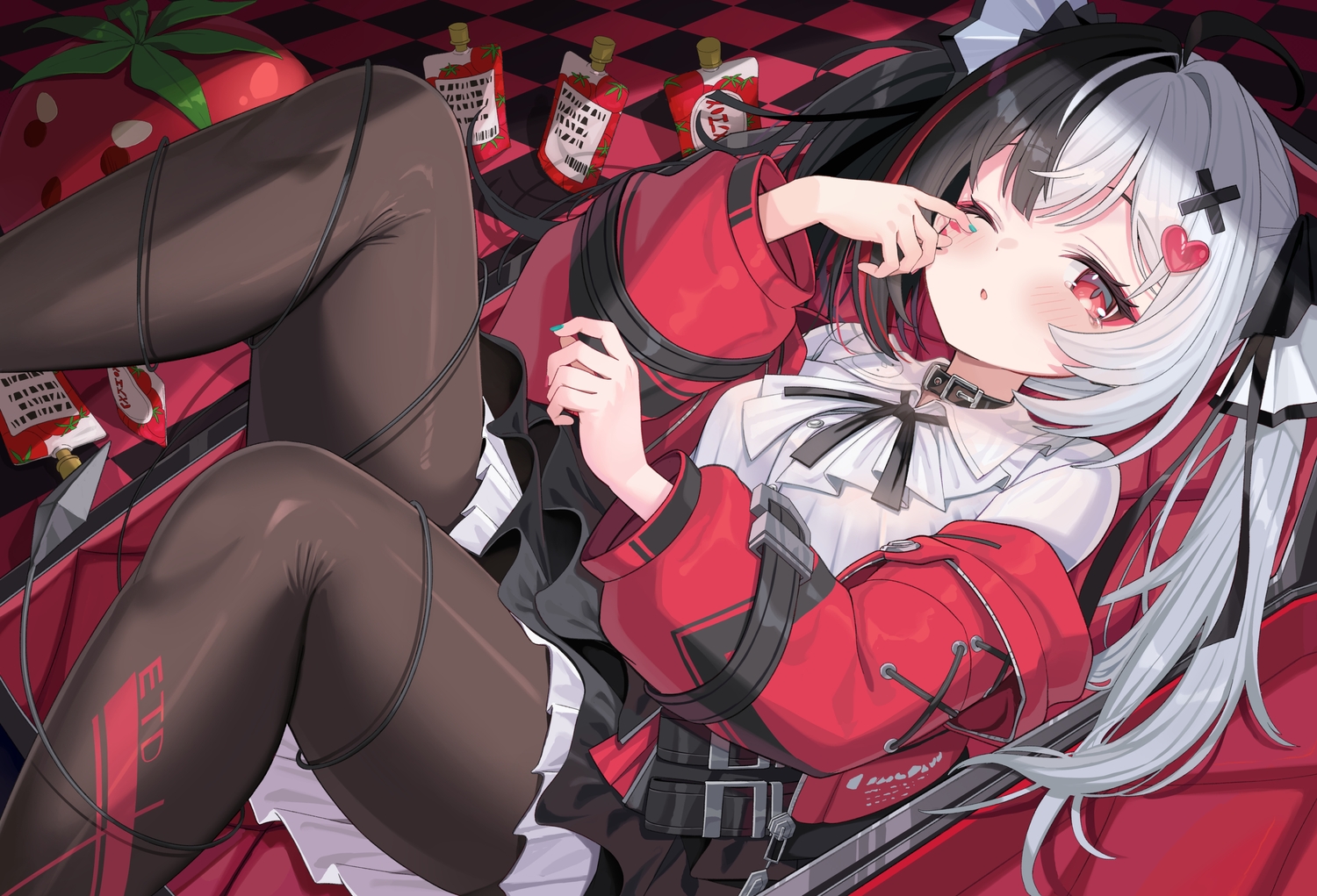 blush, collar, drink, gray_hair, lacrimosa_(nte), long_hair, neverness_to_everness, pantyhose, red_eyes, shirt, skirt, tears, tsukimi_yaya, twintails, wink