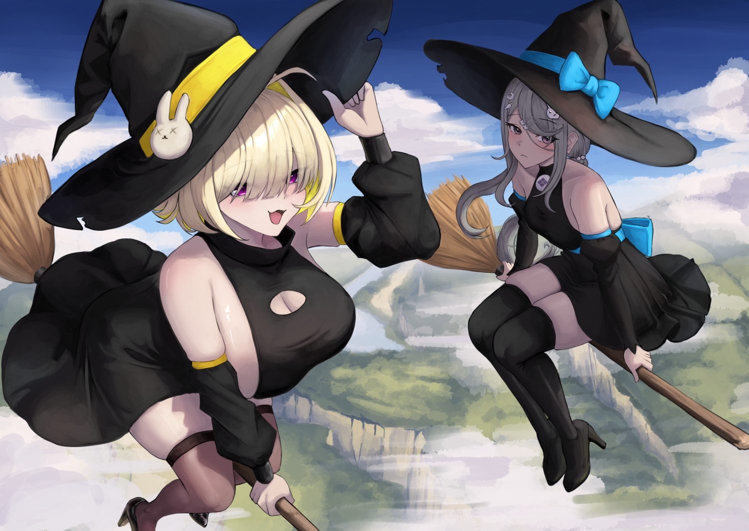 2girls, blonde_hair, bow, breasts, cat_smile, cleavage, clouds, dress