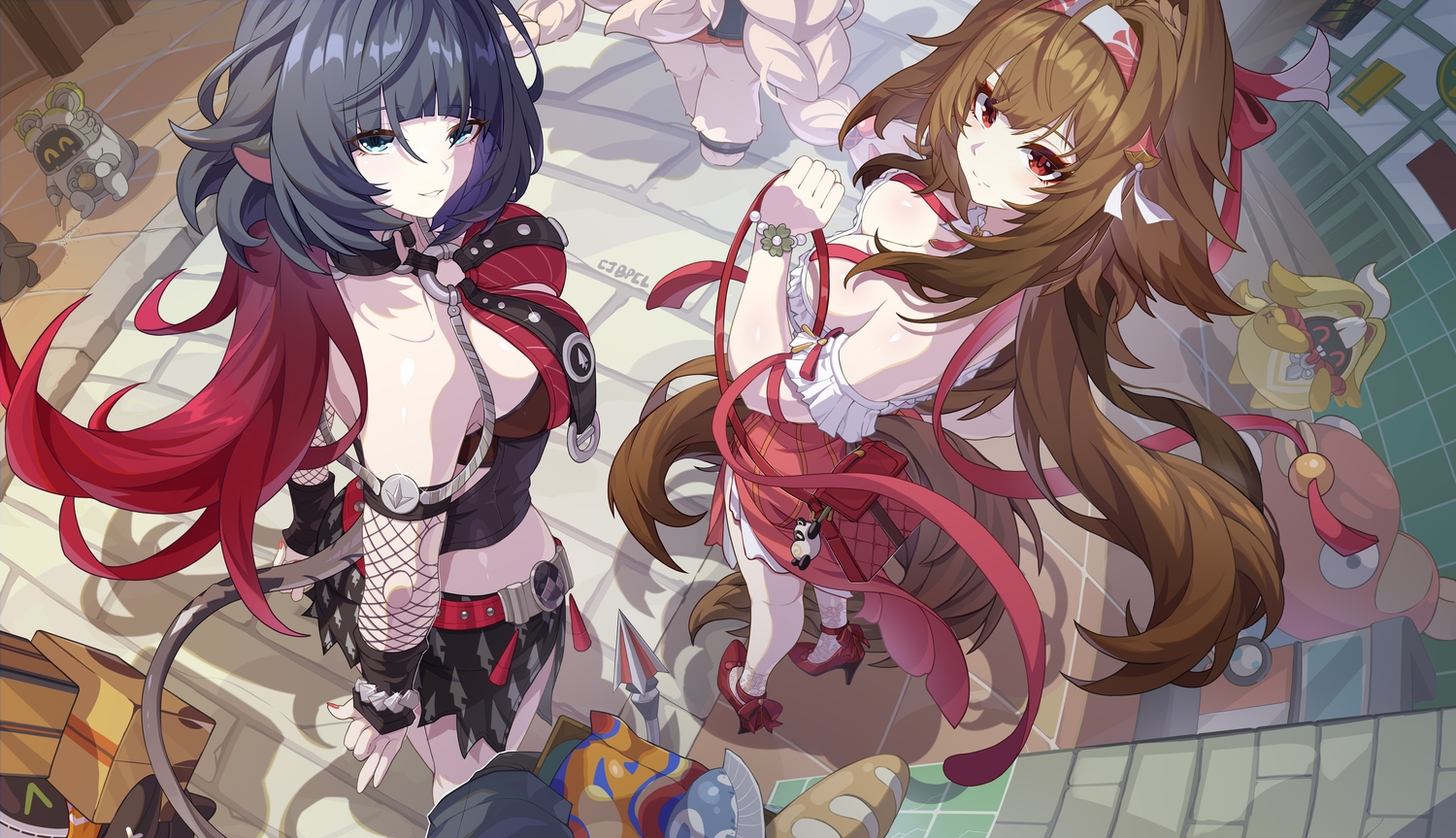 animal_ears, black_hair, breasts, brown_hair, bupa_chila, cleavage, foxgirl, group