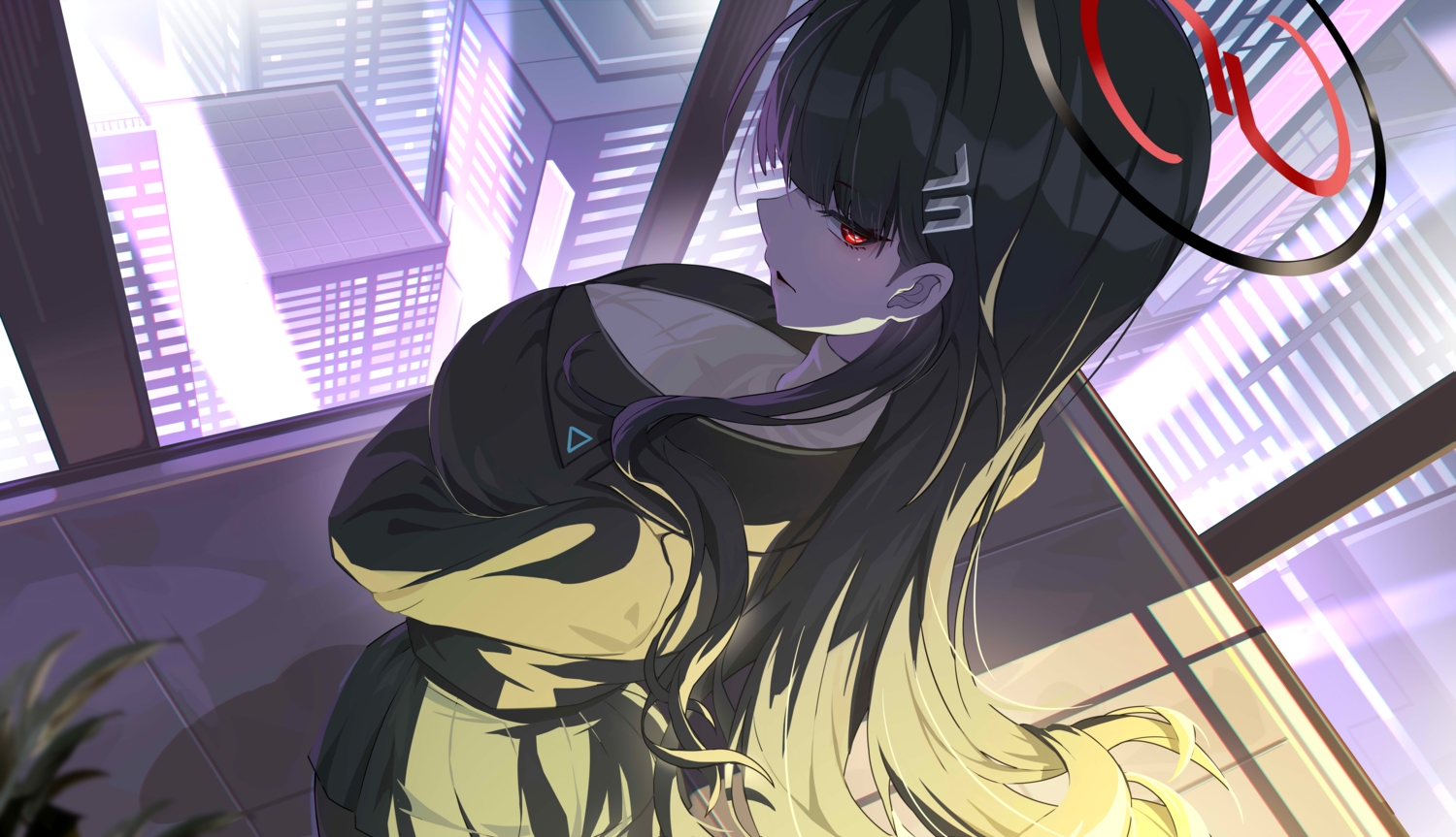 black_hair, blue_archive, breast_hold, building, bupa_chila, city, close, halo