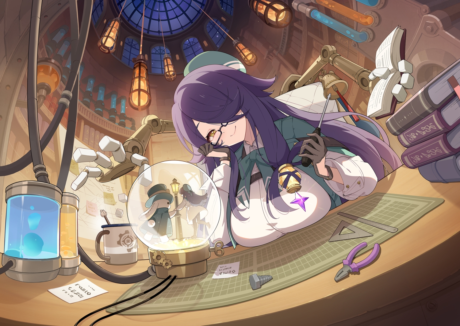 bell, blush, book, breasts, close, glasses, gloves, hat