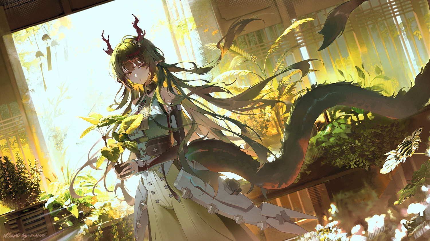 3d, arknights, arknights:_endfield, bell, green_hair, horns, jinbin825, leaves