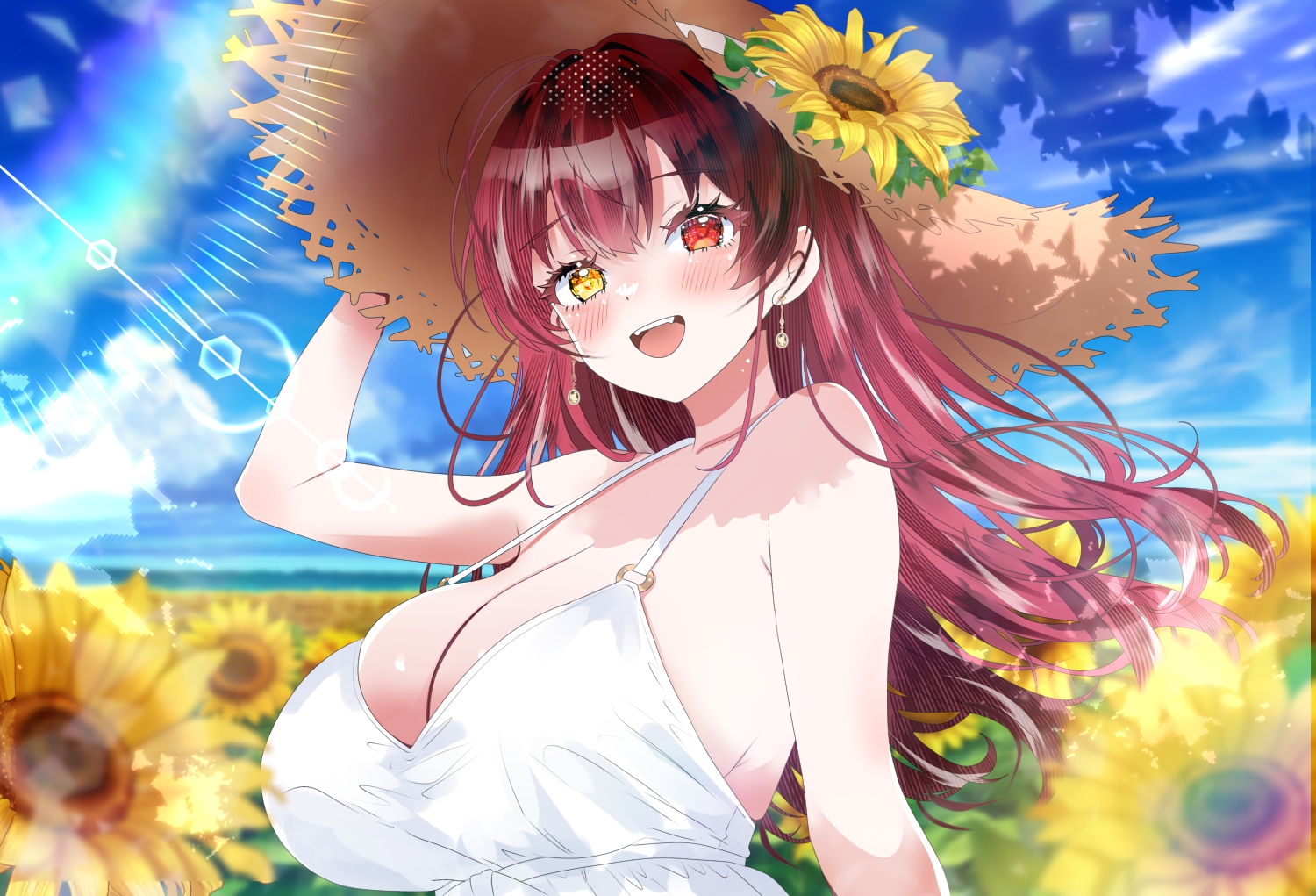 aliasing, bicolored_eyes, blush, breasts, cleavage, close, clouds, dress