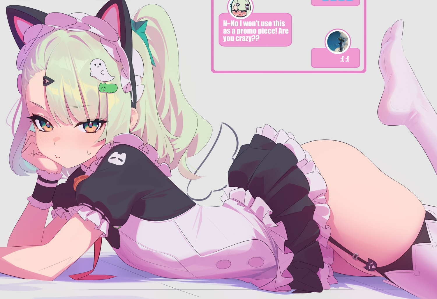 animal_ears, anonds31, blonde_hair, catgirl, dress, flat_chest, garter_belt, gray