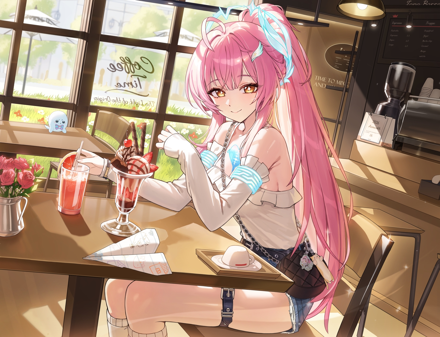 aemeath_(wuthering_waves), breasts, brown_eyes, candy, chain, cherry, chocolate, cleavage