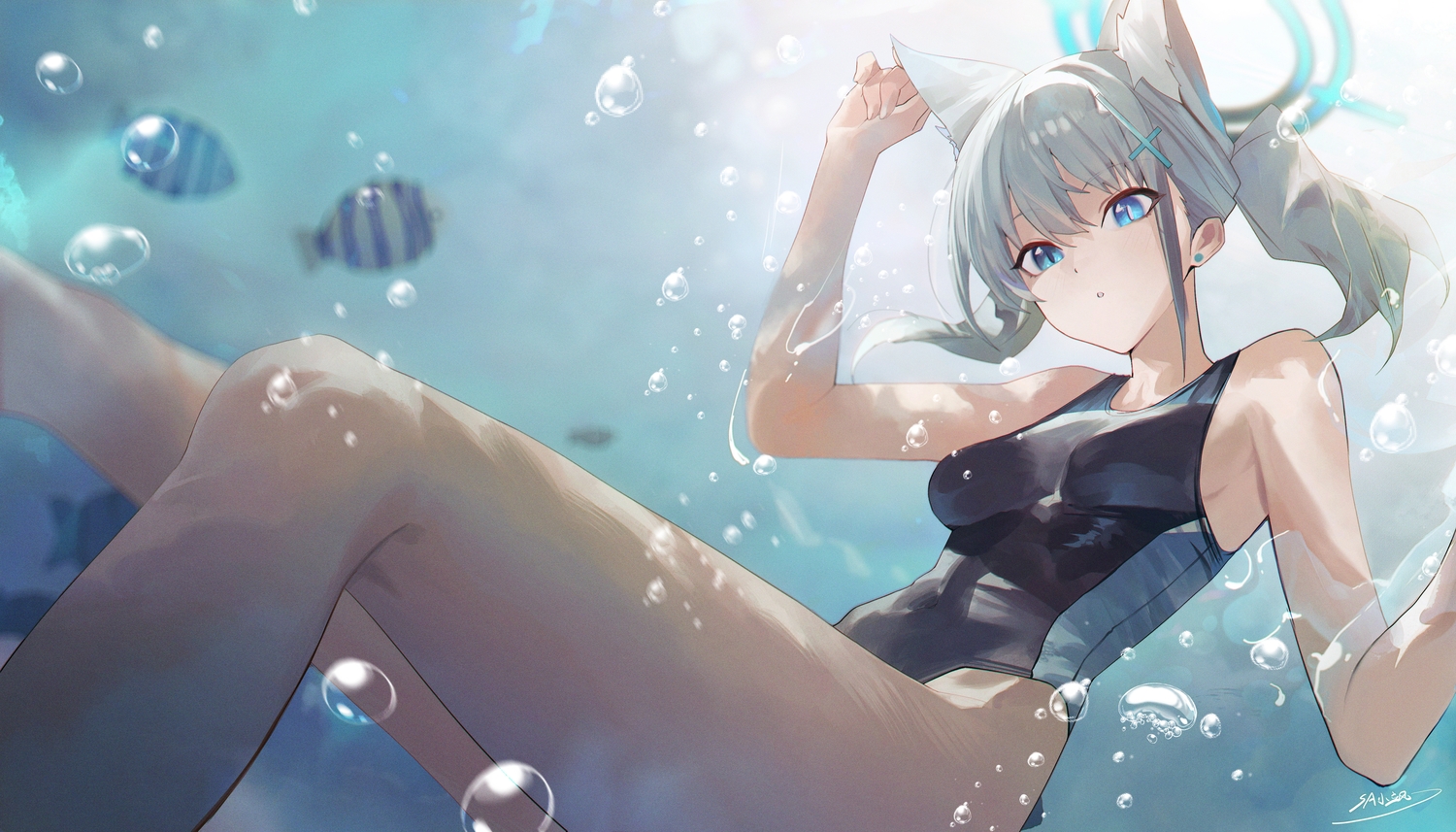animal, blue_archive, blue_eyes, bubbles, fish, gray_hair, halo, long_hair