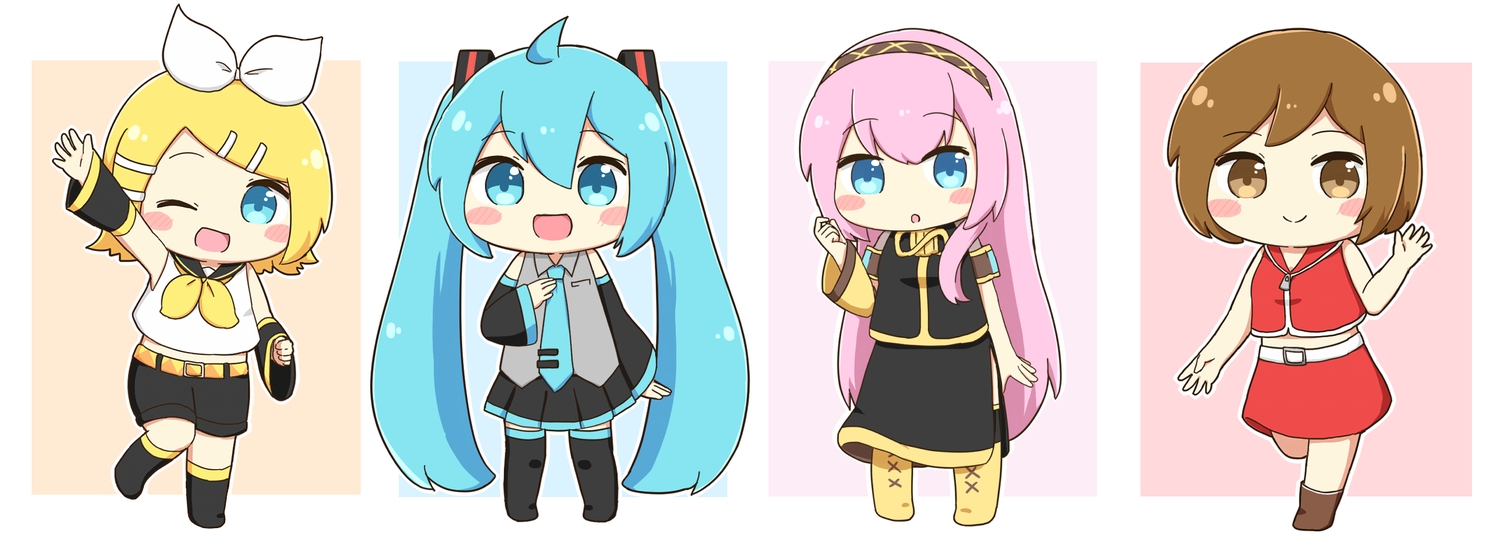 aqua_eyes, aqua_hair, blonde_hair, blue_eyes, blush, boots, brown_eyes, brown_hair, chibi, hatsune_miku, headband, kagamine_rin, long_hair, megurine_luka, meiko, nukotun, pink_hair, shirt, short_hair, shorts, skirt, thighhighs, tie, twintails, vocaloid, wink