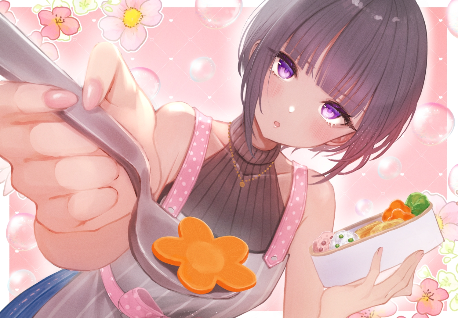 apron, ayn_(ayn_kau), black_hair, blush, bow, bubbles, close, flowers