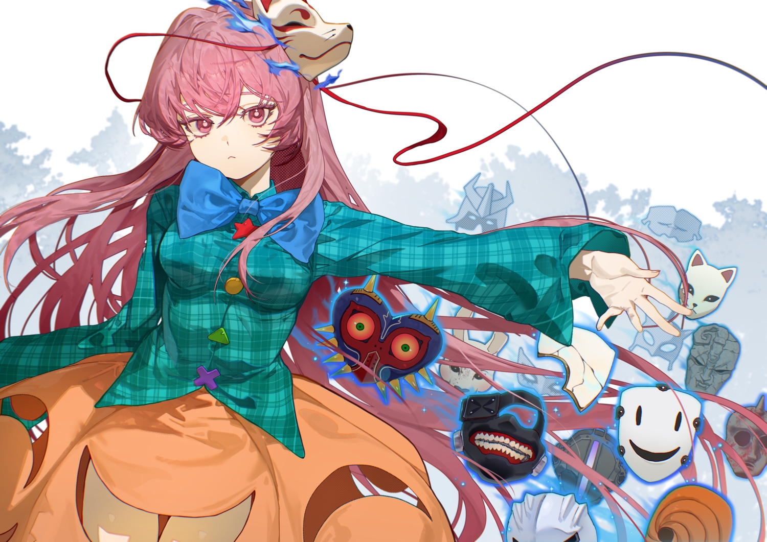 bow, crossover, hata_no_kokoro, jojo_no_kimyou_na_bouken, long_hair, mask, naruto, pink_eyes, pink_hair, shimiya_jin, shirt, skirt, tenkuu_shinpan, the_legend_of_zelda, tokyo_ghoul, touhou