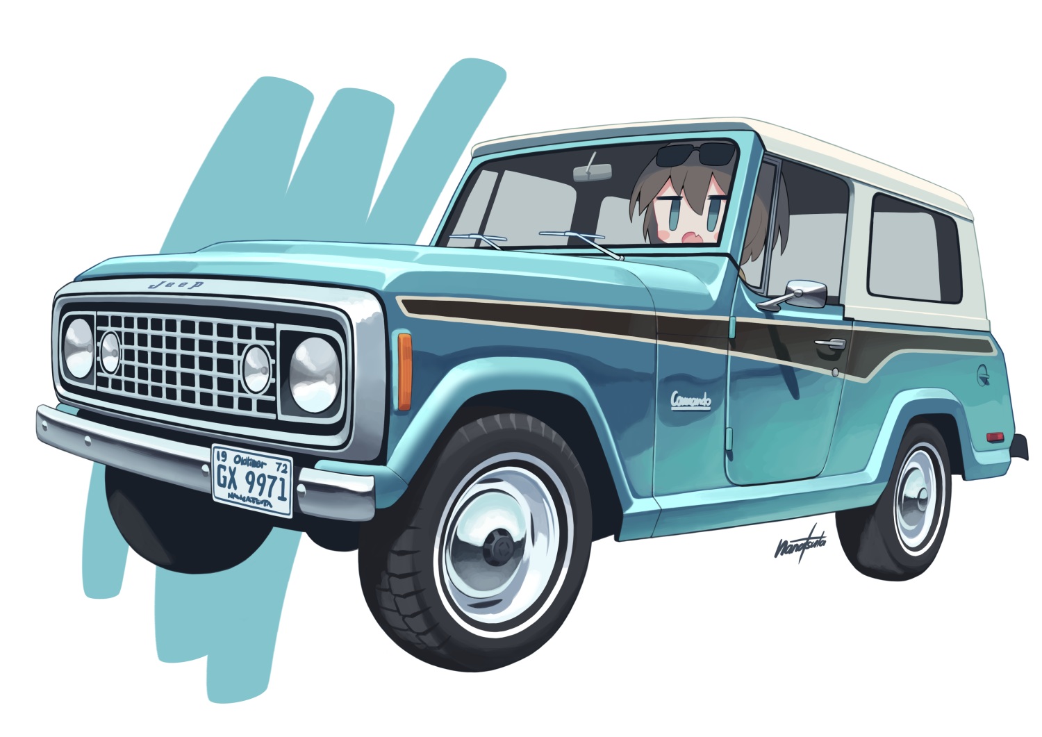 aqua_eyes, brown_hair, car, chibi, nanatsuta, original, short_hair, signed, sunglasses