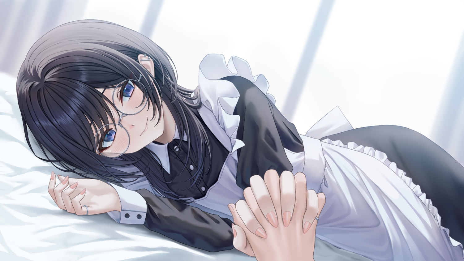 apron, bed, black_hair, blue_eyes, blush, glasses, long_hair, maid