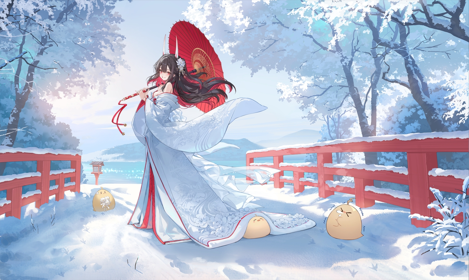 animal, anthropomorphism, azur_lane, bird, breasts, brown_hair, cleavage, clouds