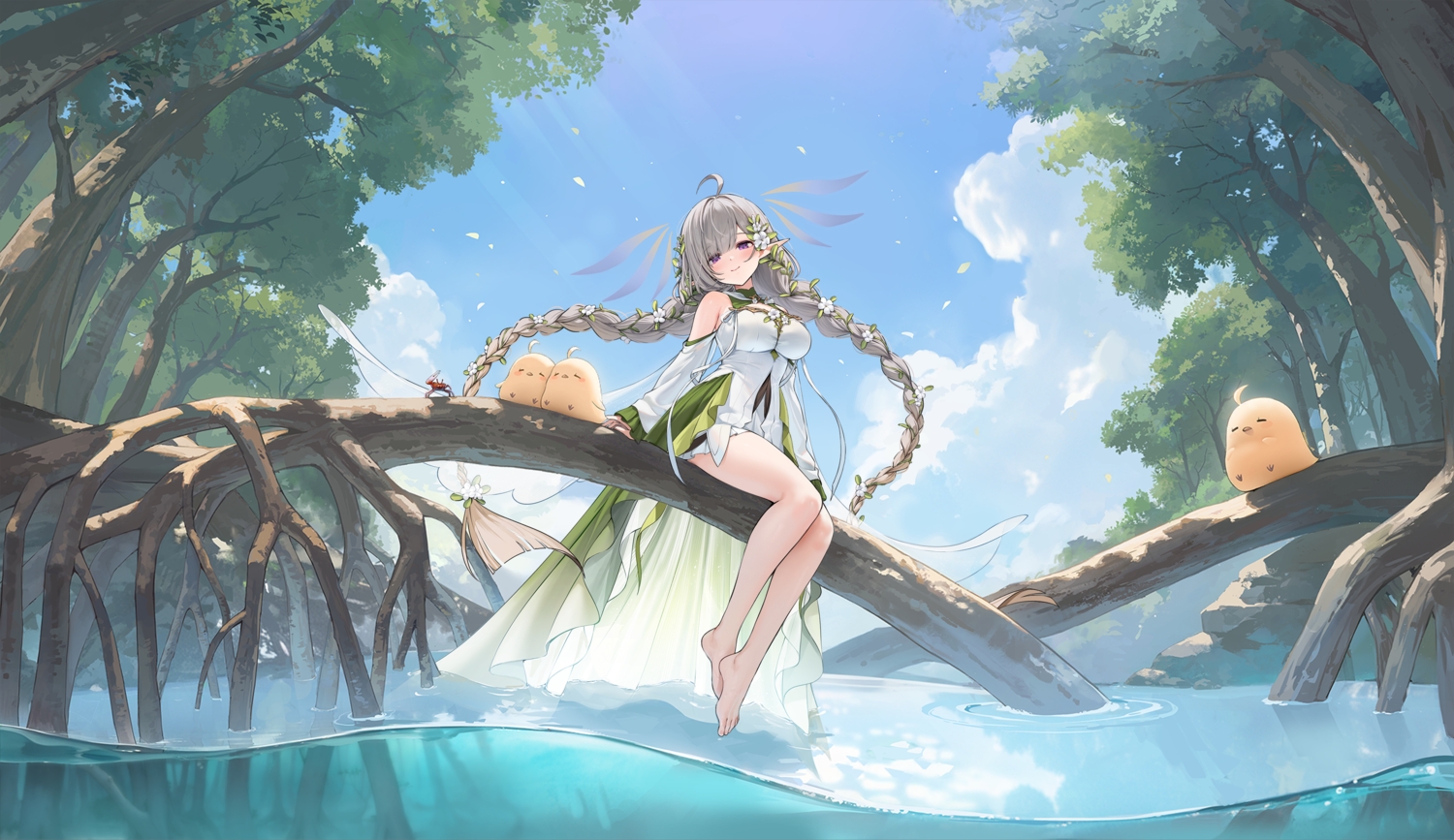 animal, anthropomorphism, azur_lane, barefoot, bird, blush, braids, clouds, dress, evertsen_(azur_lane), flowers, gray_hair, leaves, long_hair, manjuu_(azur_lane), pointed_ears, purple_eyes, sky, tagme_(artist), tree, twintails, water
