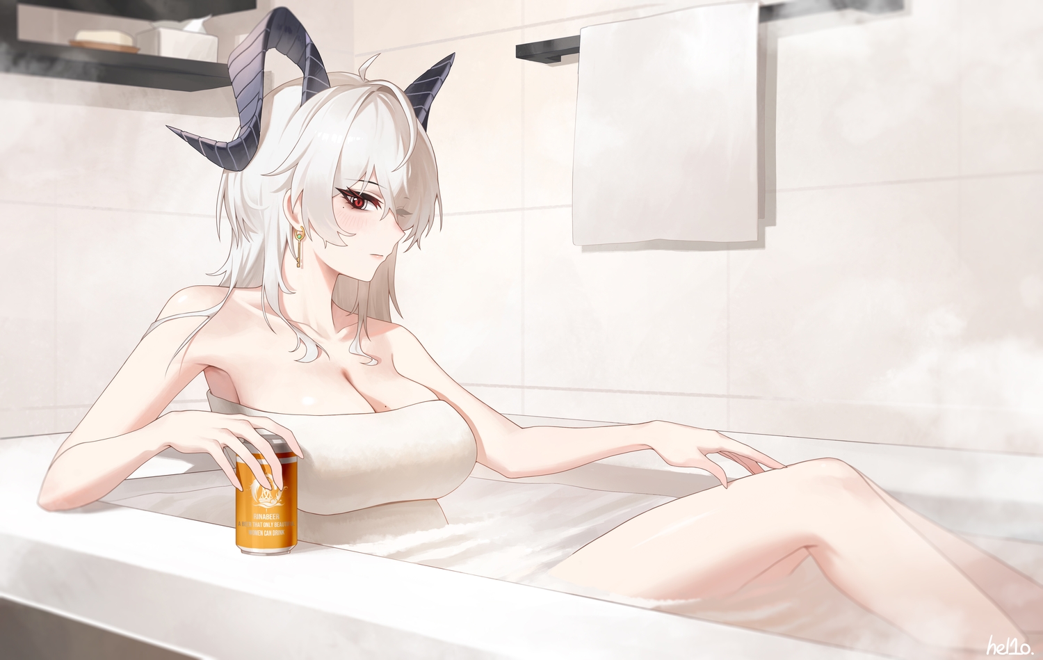 bath, bathtub, blush, breasts, cleavage, close, drink, gray_hair