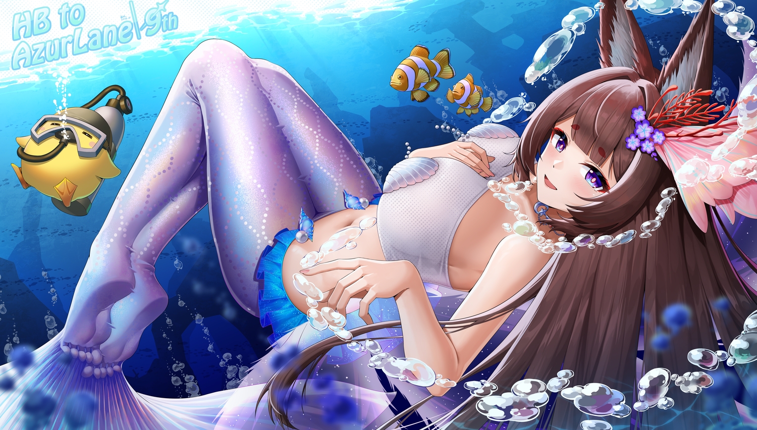 amagi_(azur_lane), animal, animal_ears, anthropomorphism, azur_lane, bird, breast_hold, brown_hair, fish, foxgirl, jfzm001, long_hair, mermaid, navel, purple_eyes, signed, underwater, water