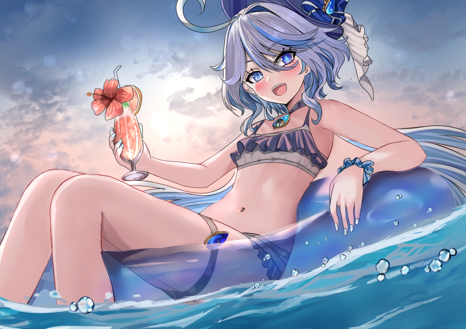 bikini, blue_eyes, blush, choker, clouds, drink, flat_chest, food