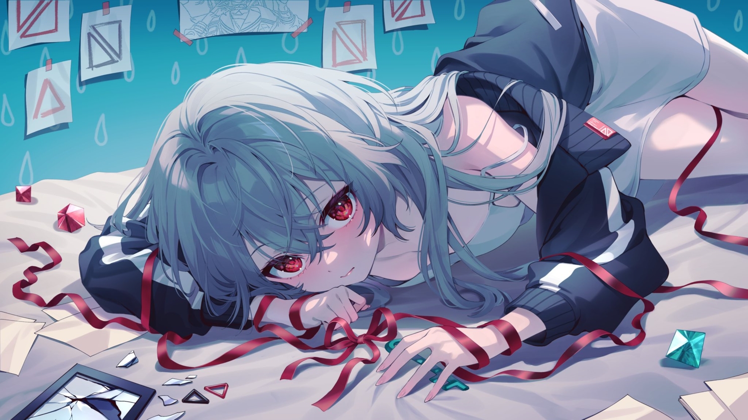 bed, bow, close, dress, gray_hair, indie_virtual_youtuber, kannagi_tenri, long_hair