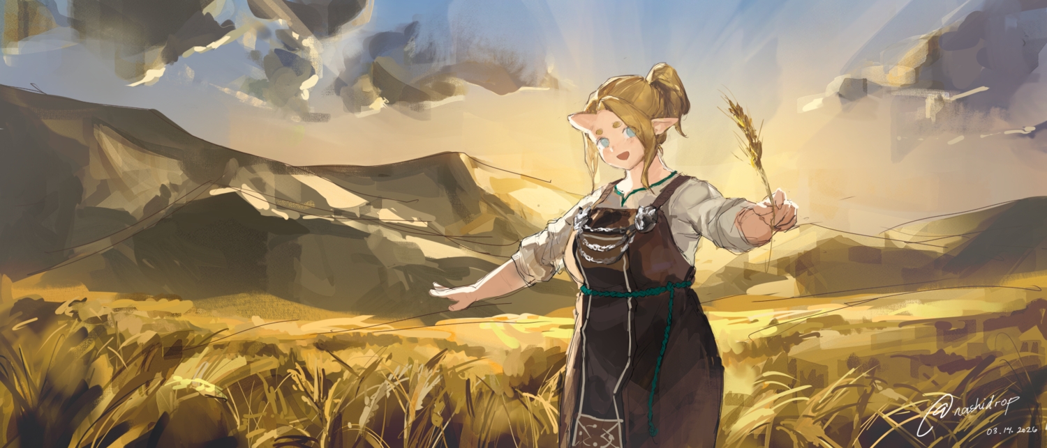 blonde_hair, blue_eyes, blush, clouds, dress, grass, horns, nashidrop