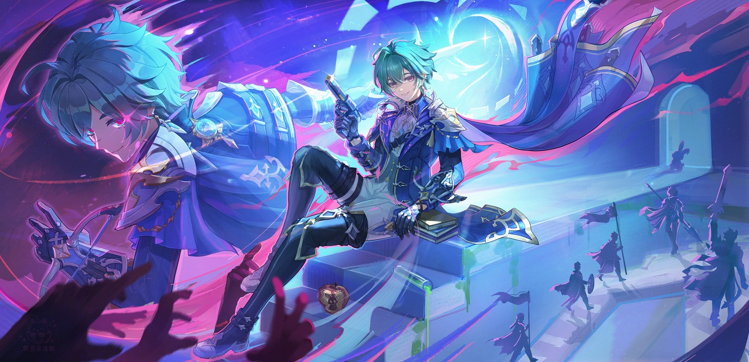 all_male, aqua_hair, bunny, cape, genshin_impact, gloves, gun, lohen_(genshin_impact)