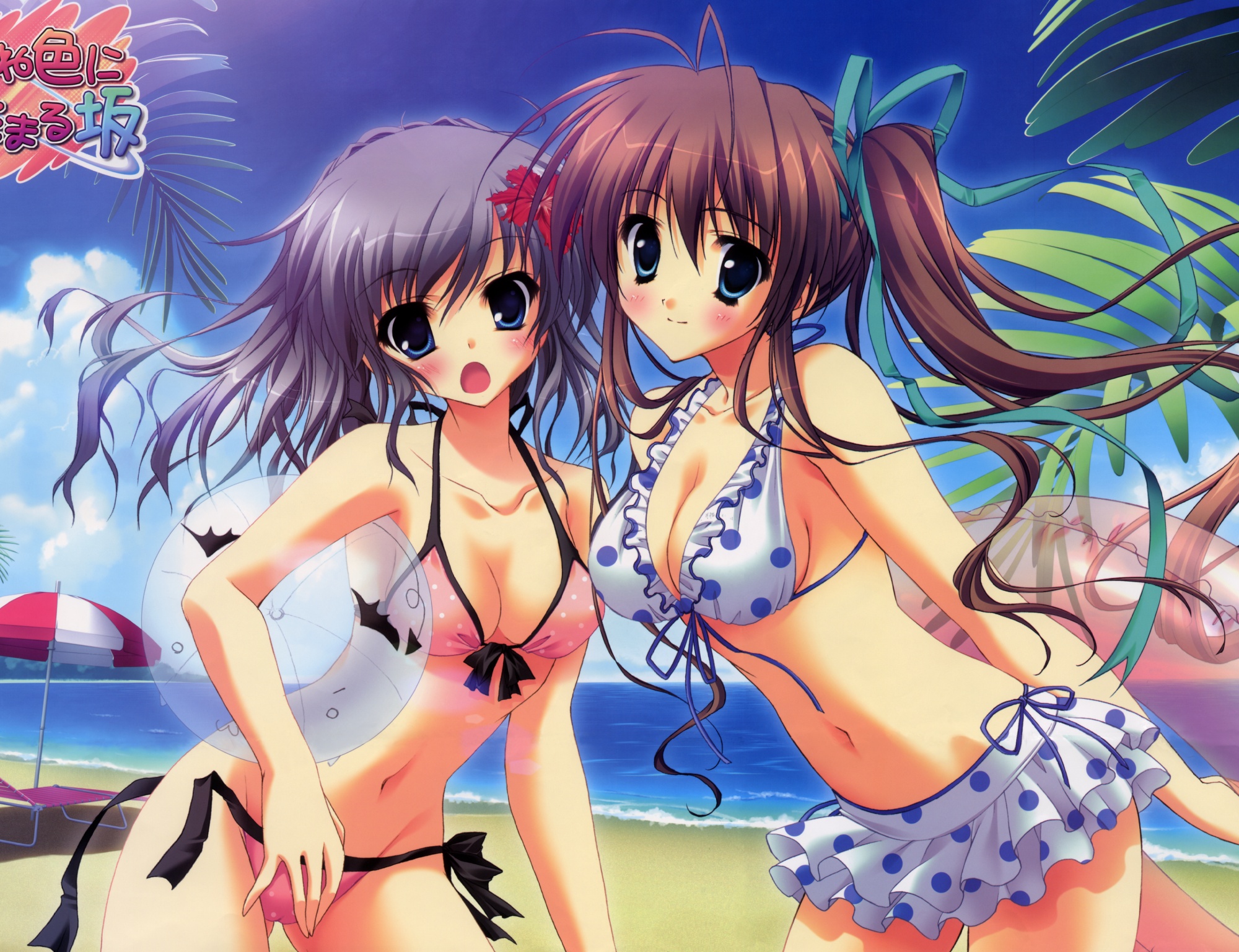 2girls, akane_iro_ni_somaru_saka, ball, beach, bikini, cropped, izumi_tsubasu, katagiri_yuuhi, nagase_minato, ryohka, scan, swimsuit