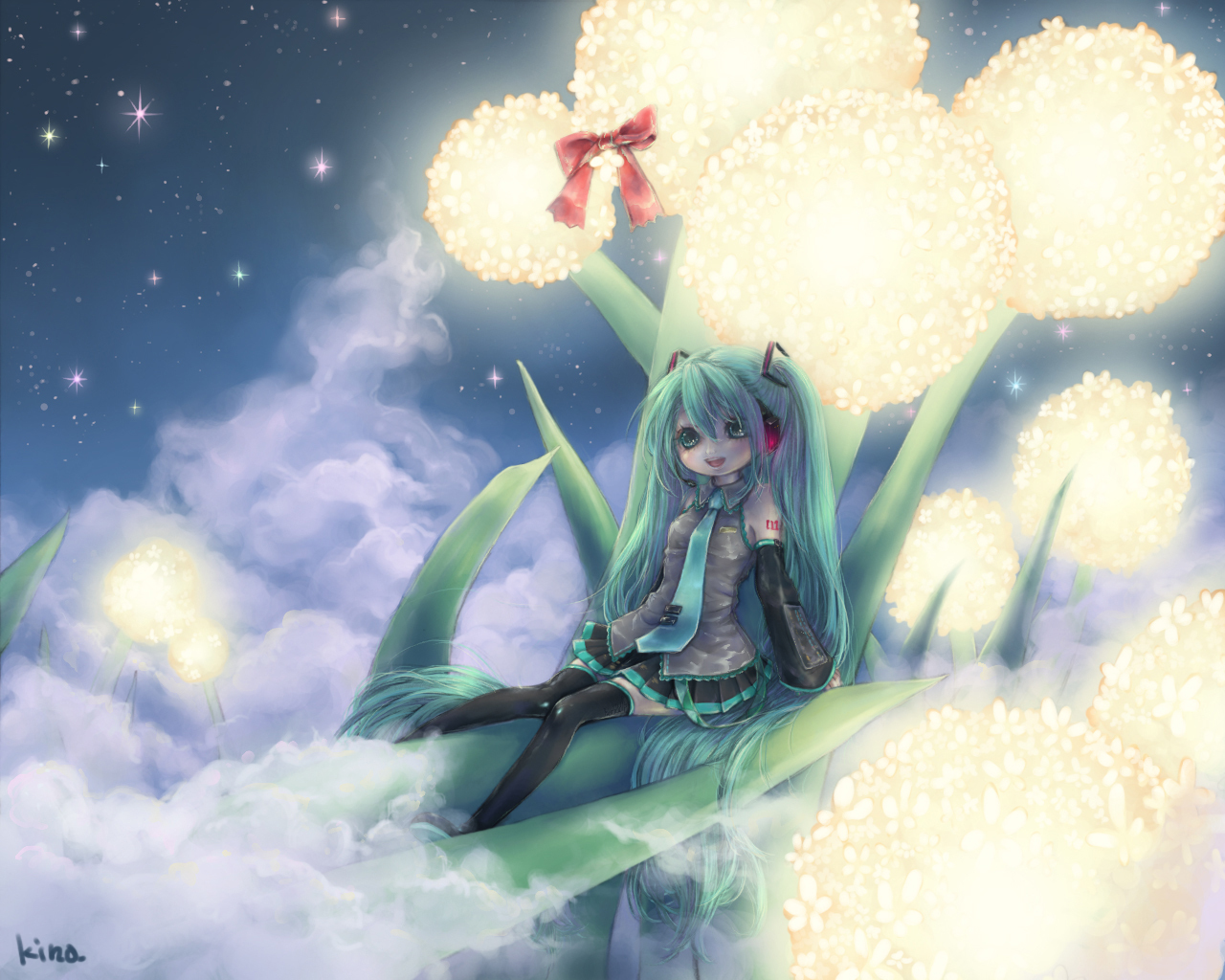 aqua_hair, hatsune_miku, kabasawa_kina, long_hair, sky, stars, thighhighs, twintails, vocaloid