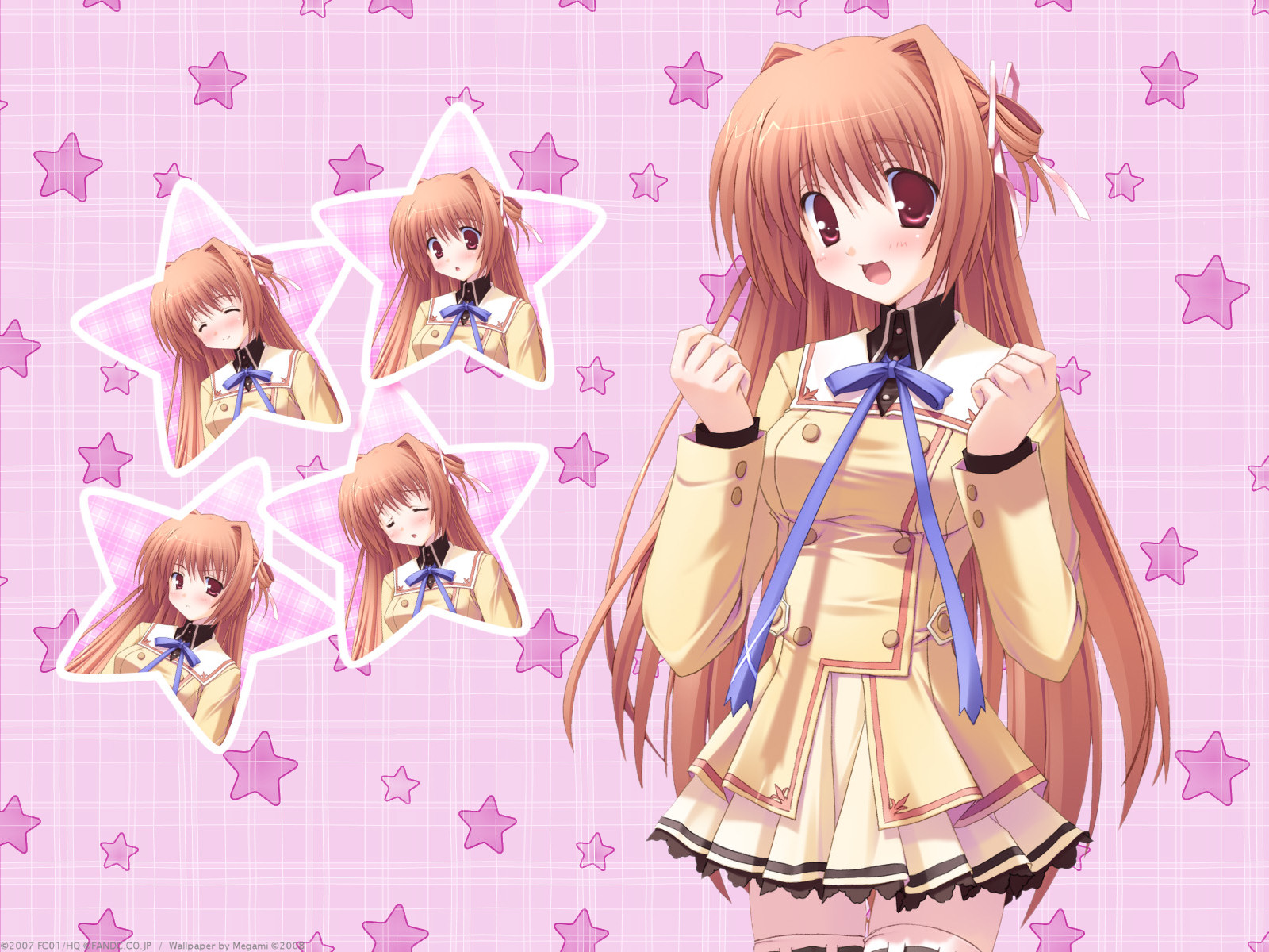 hoshiful, ikegami_akane, kusuhara_kotone, megami, orange_eyes, orange_hair, pink, ribbons, school_uniform, stars, watermark
