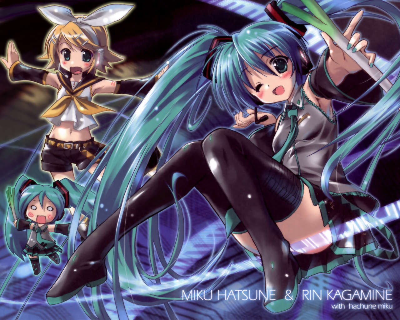 chibi, hatsune_miku, kagamine_rin, komatsu_eiji, leek, thighhighs, vocaloid