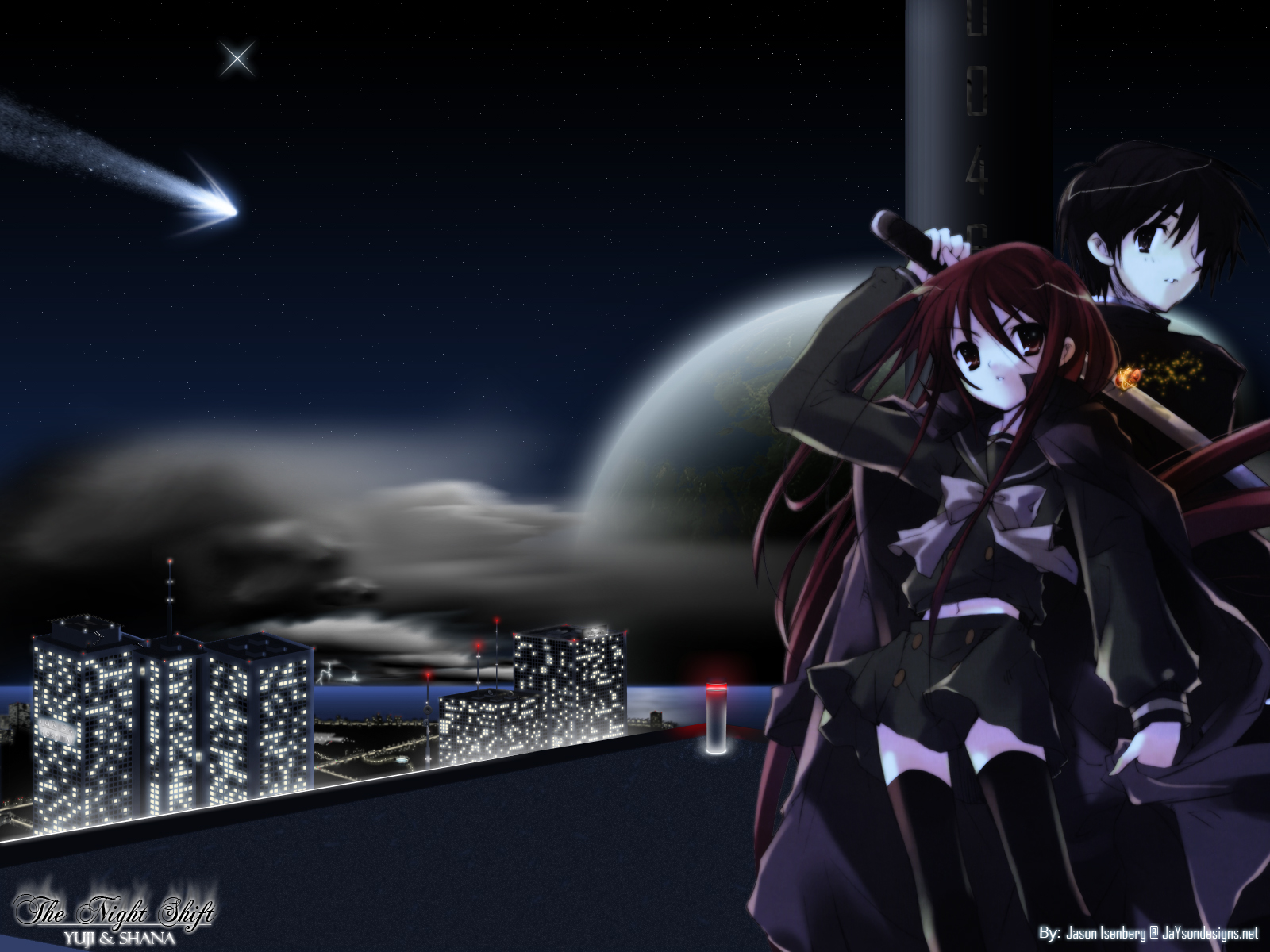 black_hair, blue_eyes, brown_eyes, building, cape, city, dark, earth, itou_noiji, long_hair, night, planet, red_hair, rooftop, sakai_yuuji, school_uniform, shakugan_no_shana, shana, short_hair, sky, stars, sword, thighhighs, water, weapon