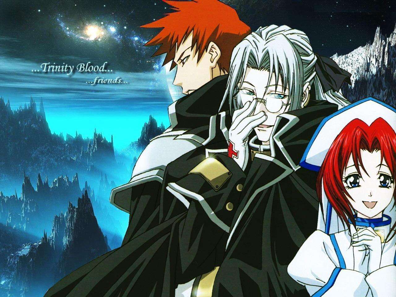 abel_nightroad, blue_eyes, brown_hair, esther_blanchett, glasses, gloves, gray_hair, nun