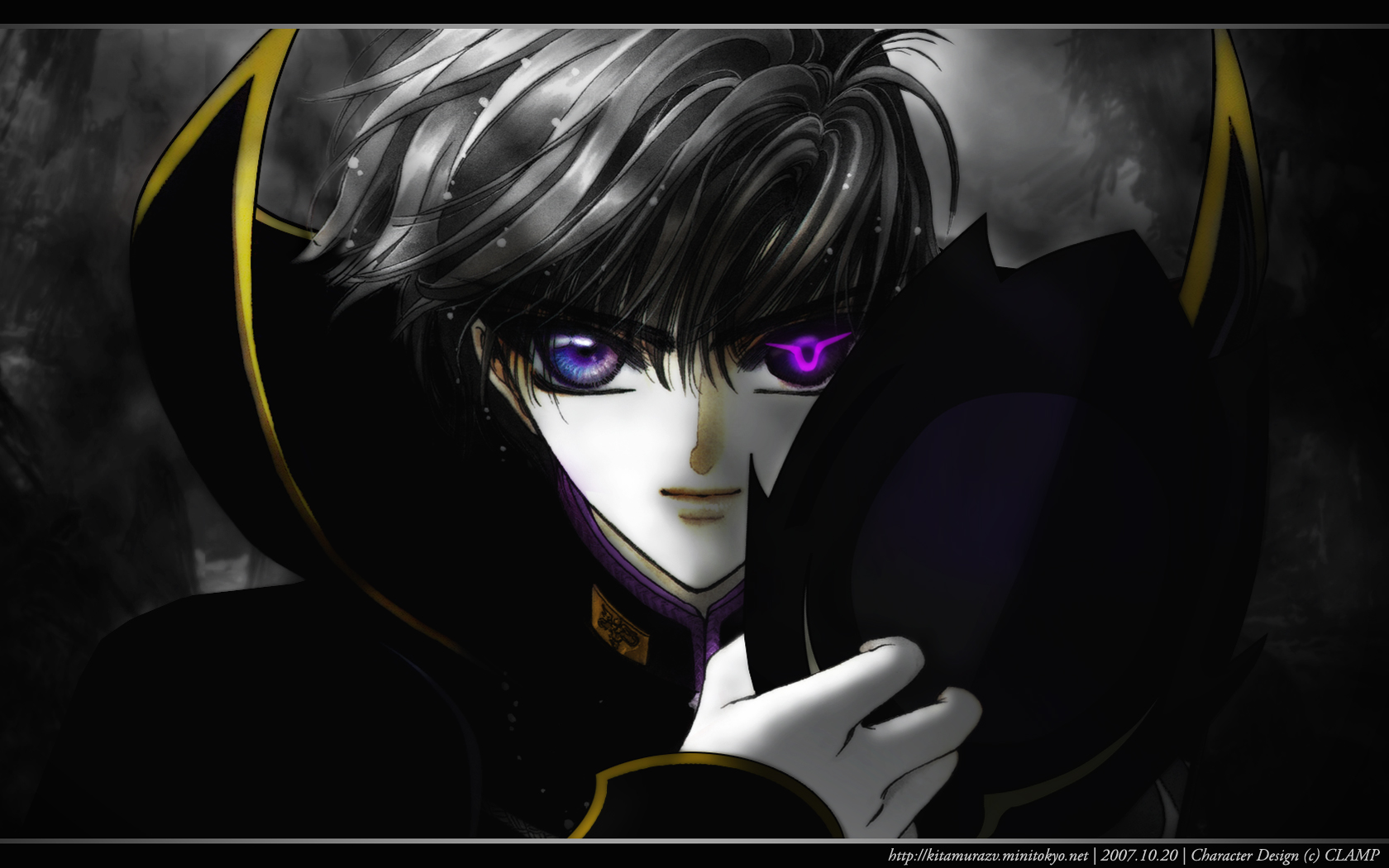 all_male, bicolored_eyes, black_hair, clamp, code_geass, cosplay, male, parody