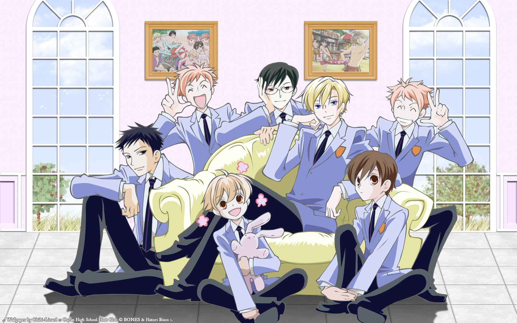 fujioka_haruhi, haninozuka_mitsukuni, hitachiin_hikaru, hitachiin_kaoru, morinozuka_takashi, ootori_kyoya, ouran_koukou_host_club, suou_tamaki