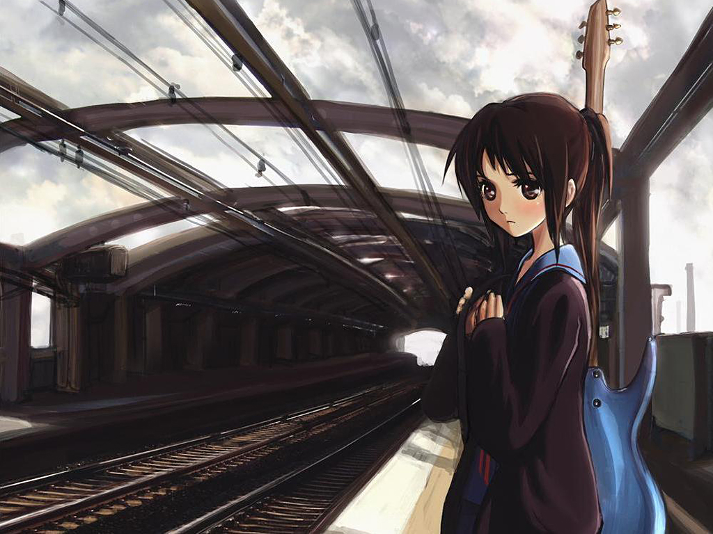 brown_eyes, brown_hair, clouds, genderswap, guitar, instrument, jpeg_artifacts, kyonko