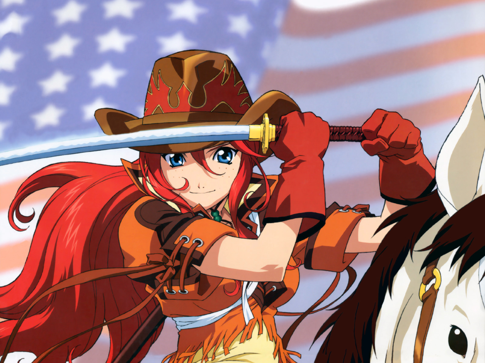 animal, blue_eyes, gemini_sunrise, gloves, hat, horse, red_hair, sakura_taisen_5