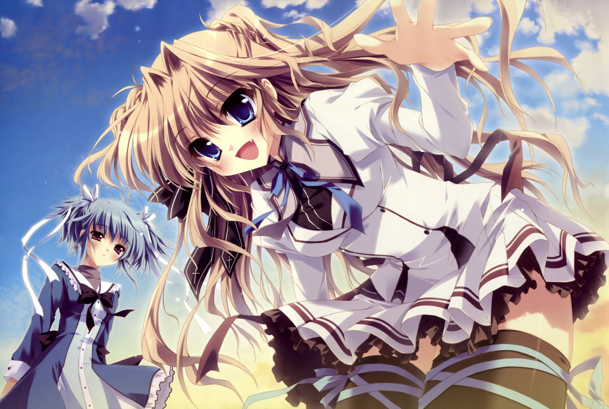 2girls, fang, izumi_tsubasu, mashiroiro_symphony, ribbons, school_uniform, sena_airi, thighhighs