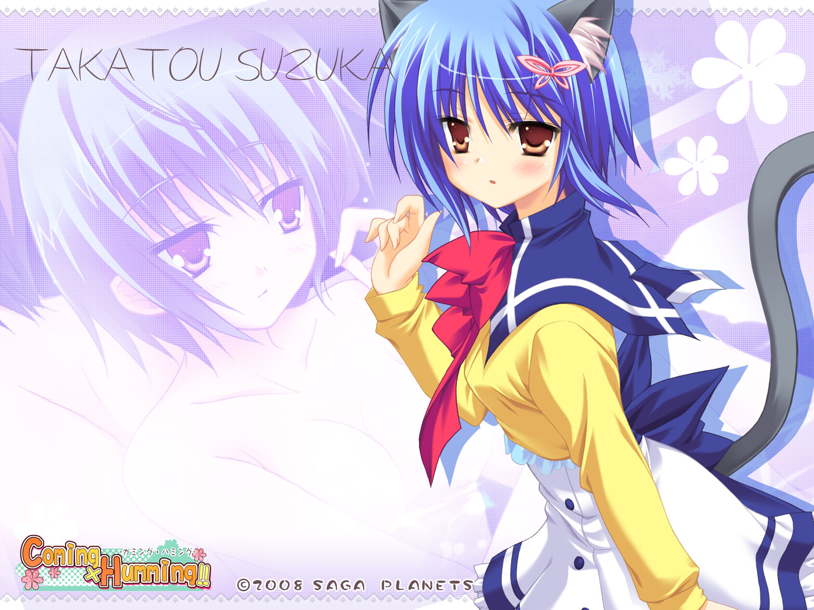 animal_ears, blue_hair, brown_eyes, catgirl, coming_x_humming, hontani_kanae, saga_planets, school_uniform