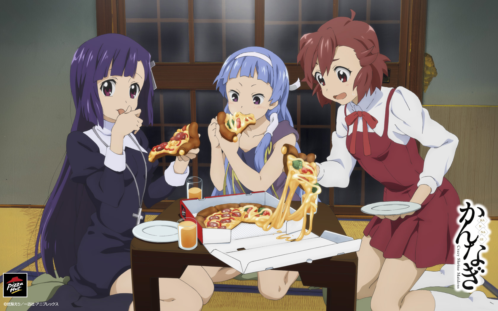 aoba_tsugumi, food, kannagi_crazy_shrine_maidens, nagi, pizza, zange