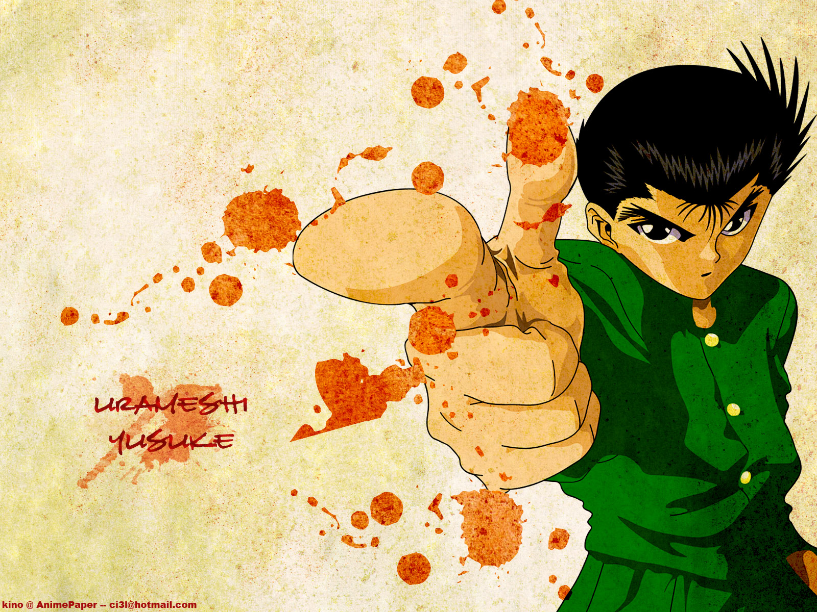 all_male, black_eyes, black_hair, blood, male, short_hair, signed, urameshi_yuusuke, yu_yu_hakusho