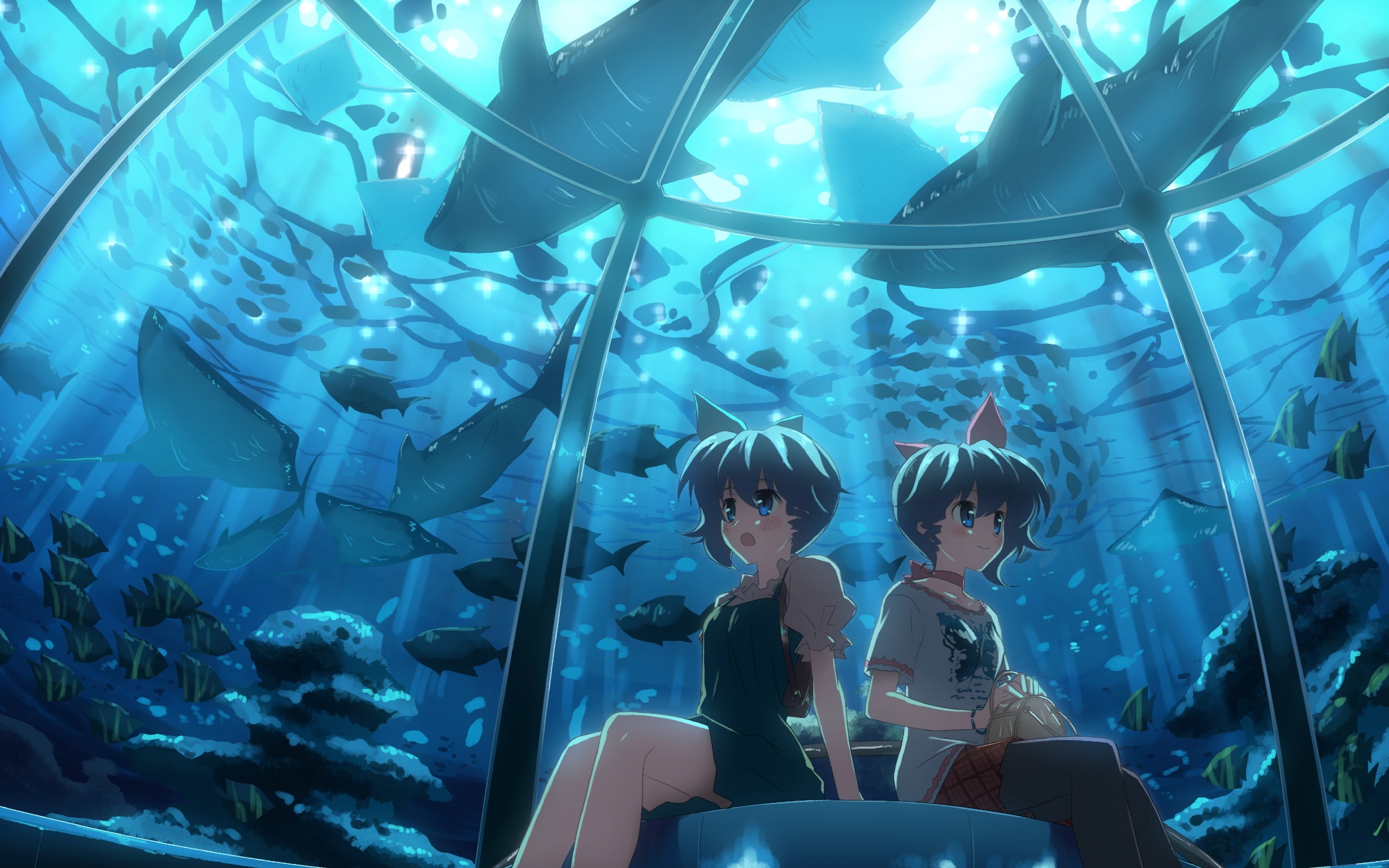 2girls, animal, blue_eyes, blue_hair, choker, dj_max, dress, fish