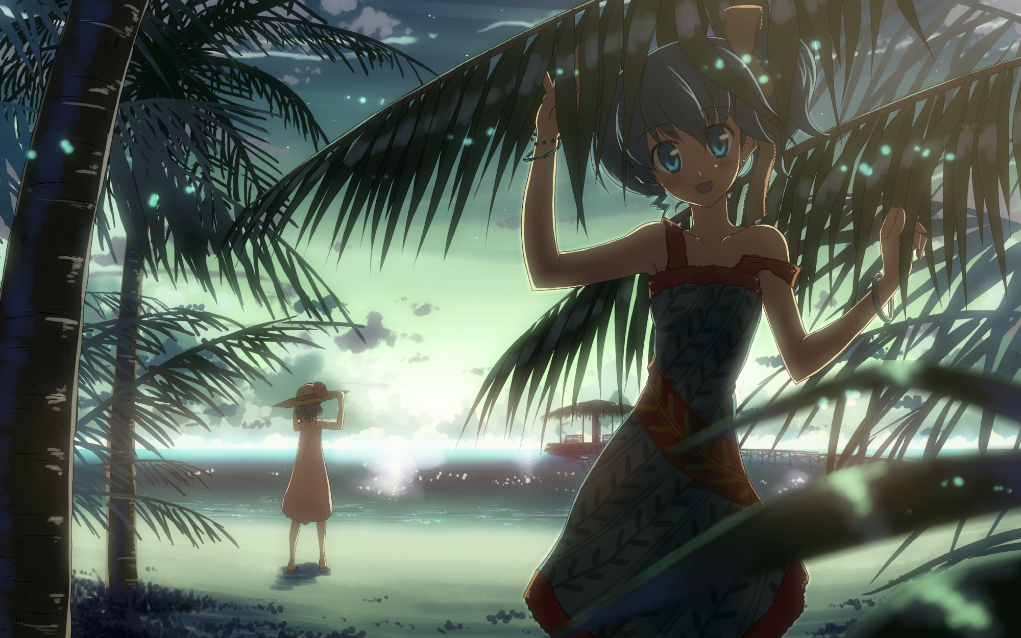 2girls, beach, blue_eyes, blue_hair, dj_max, dress, hat, lady_made_star