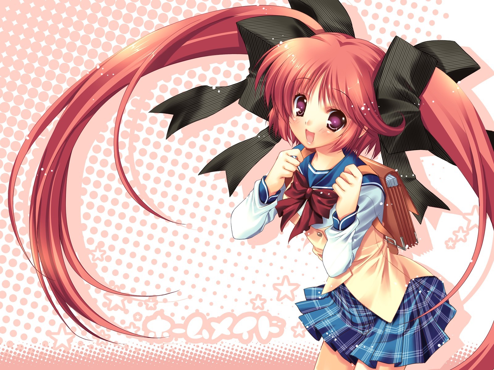 hayami_yumi, homemaid, pink, purple_eyes, red_hair, ribbons, school_uniform, skirt, twintails