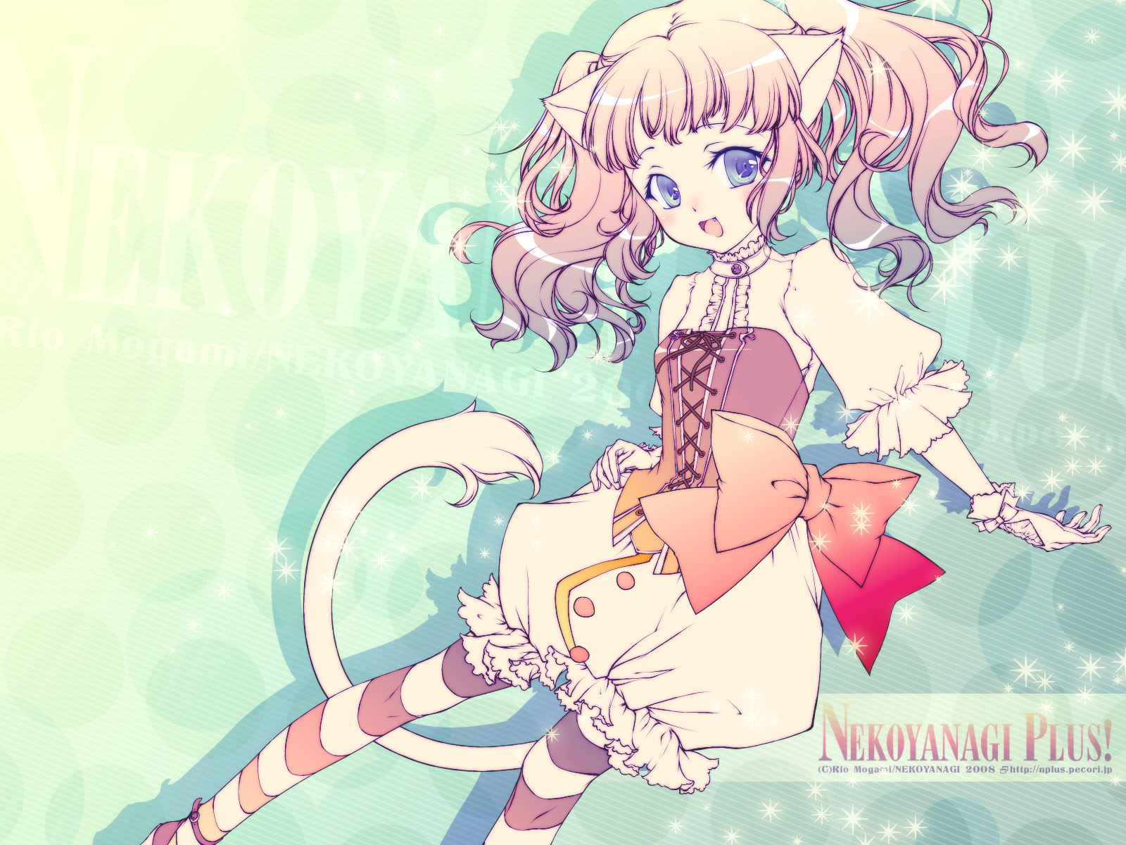 animal_ears, blue_eyes, catgirl, fang, mogami_rio, ribbons, tail, thighhighs