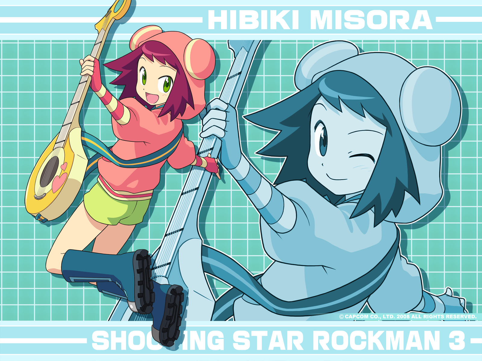 blush, boots, capcom, green_eyes, guitar, hibiki_misora, instrument, ishihara_yuuji
