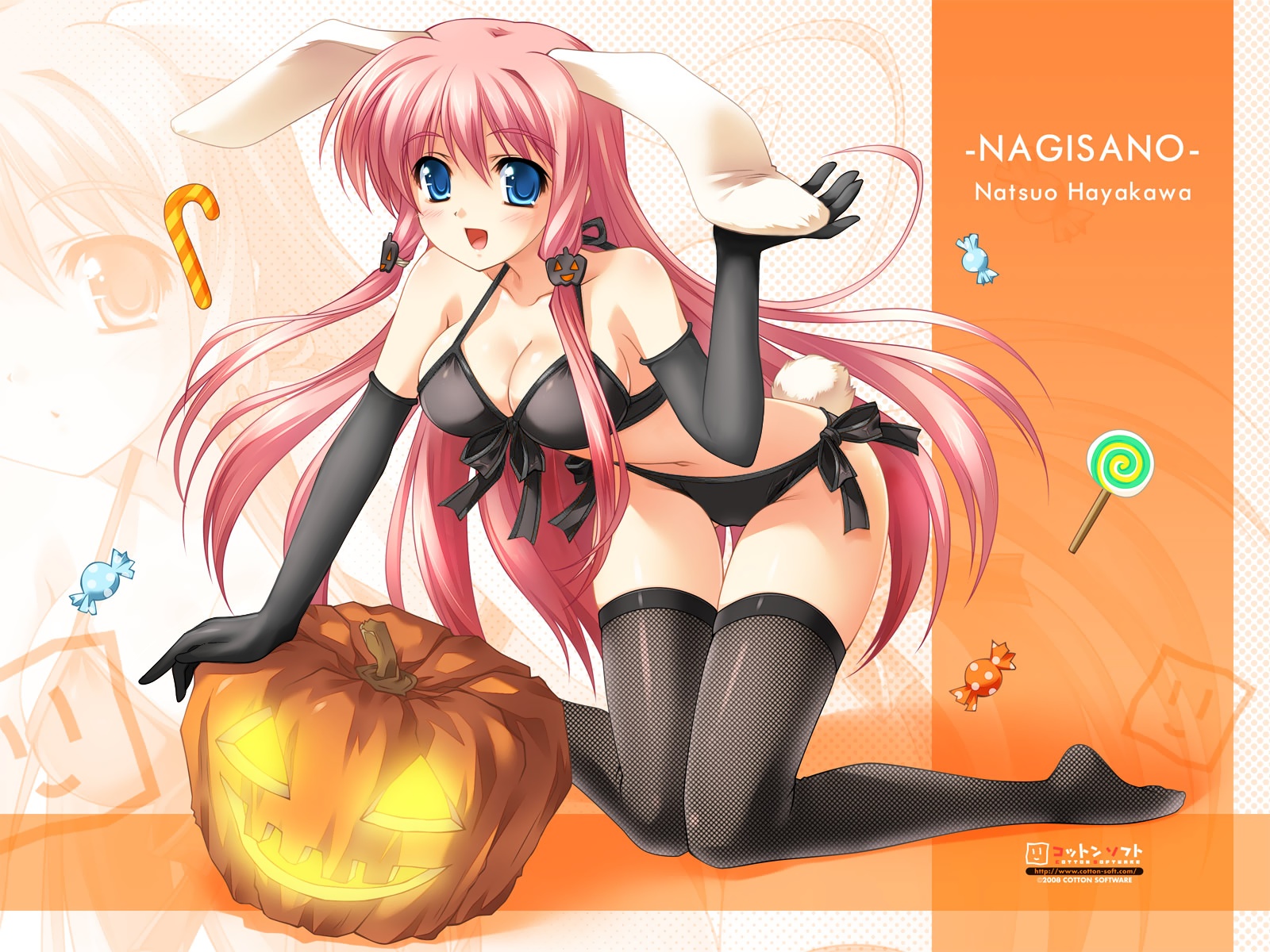 animal_ears, bikini, blue_eyes, breasts, bunny_ears, bunnygirl, cleavage, halloween, hayakawa_natsuo, nagisano, pink_hair, pumpkin, sasai_saji, swimsuit, tail, thighhighs