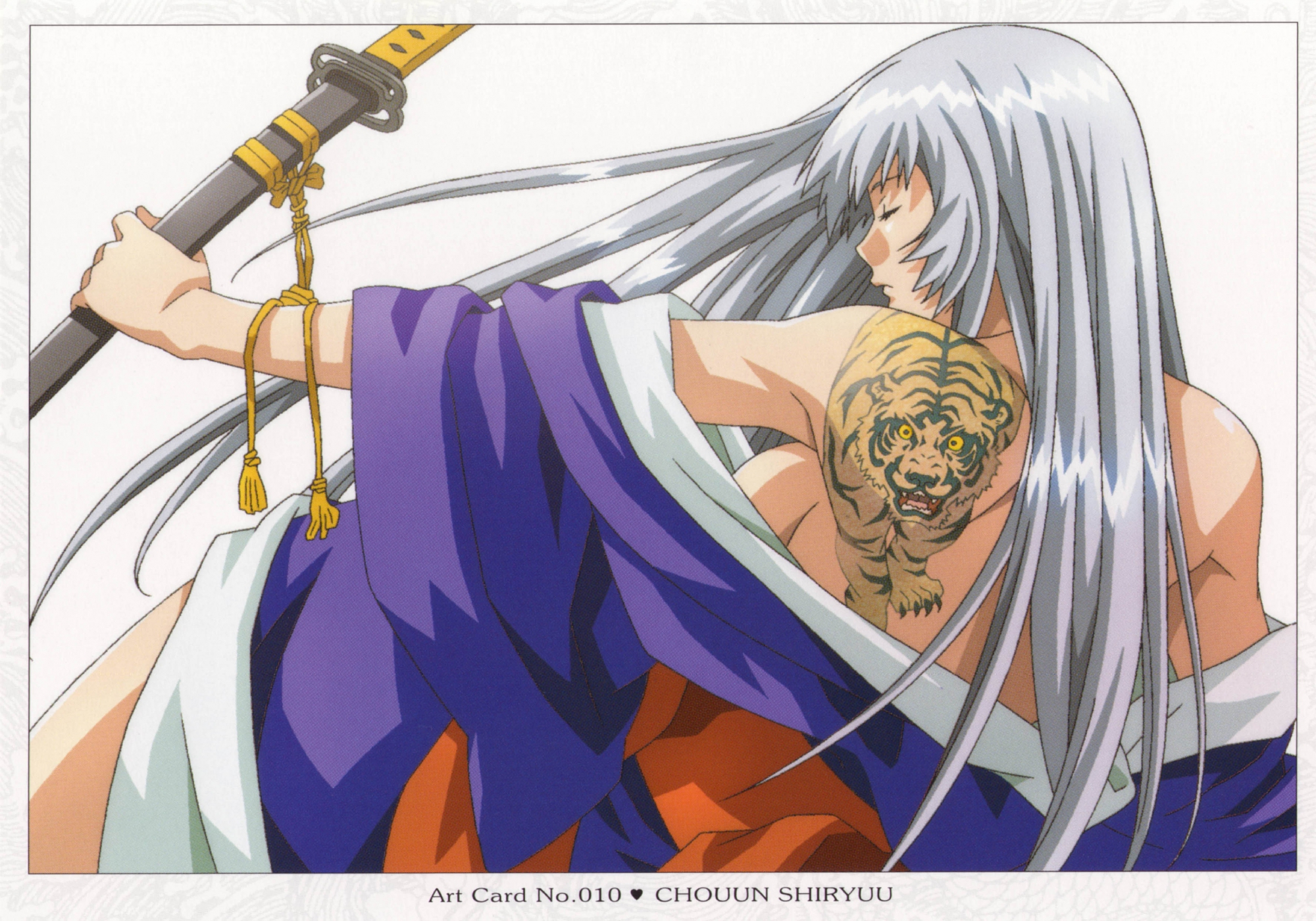 chouun_shiryuu, gray_hair, ikkitousen, japanese_clothes, katana, long_hair, sword, tattoo
