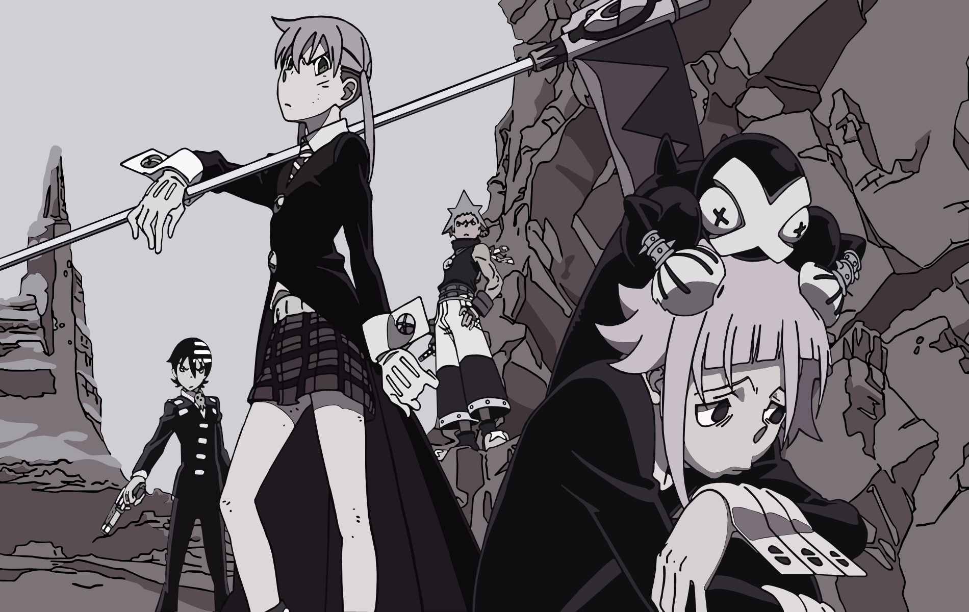 black_star, chrona, death_the_kid, maka_albarn, ragnarok, soul_eater