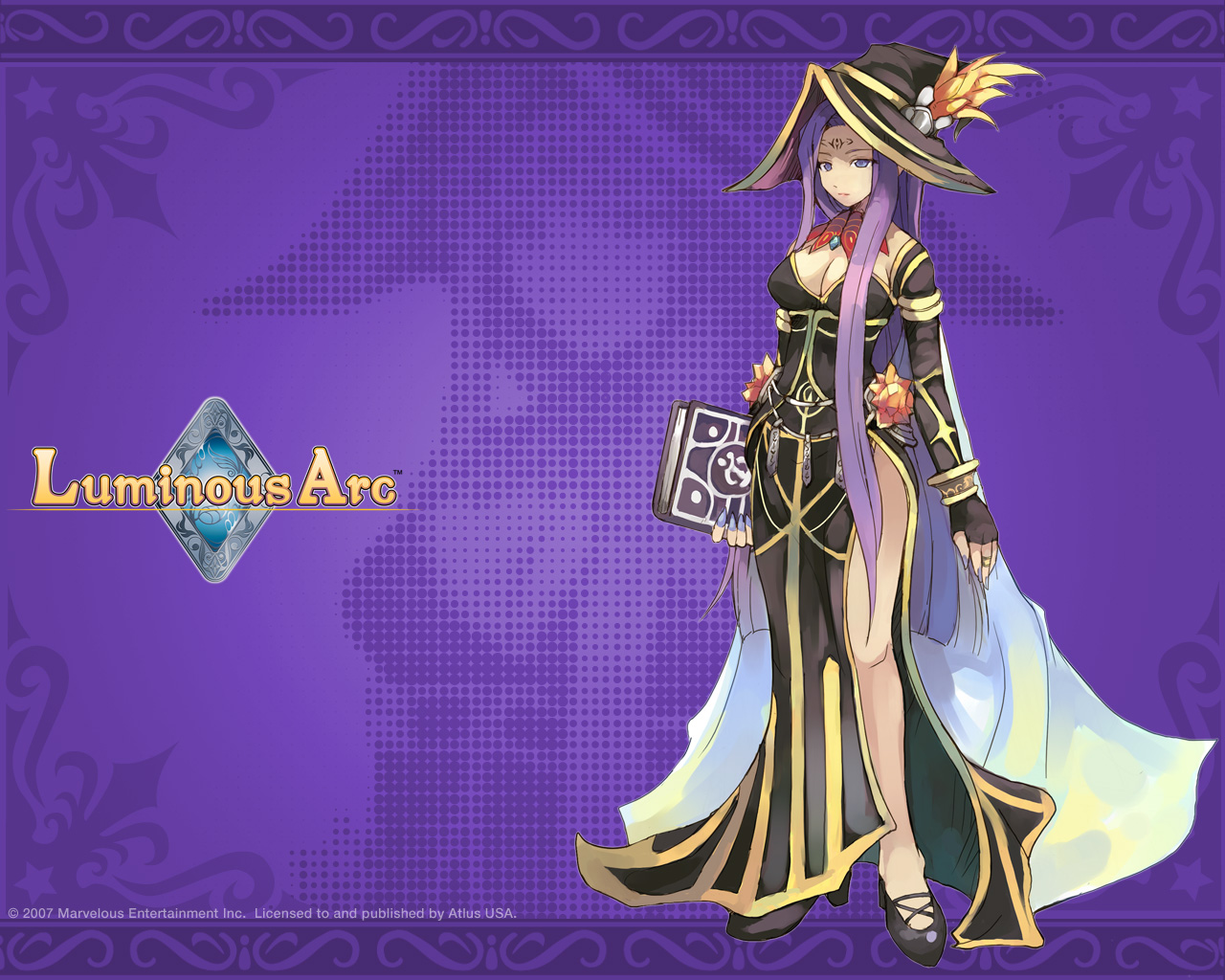 blue_eyes, book, claire_(luminous_arc), dress, elbow_gloves, gloves, hat, logo, long_hair, luminous_arc, mage, purple, purple_hair, shibano_kaito, watermark, witch_hat