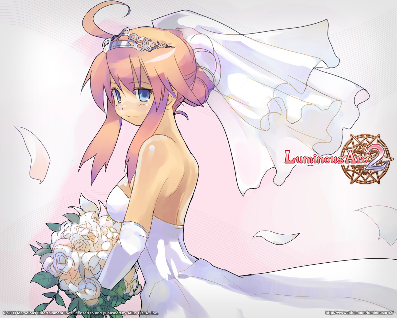 althea, blonde_hair, blue_eyes, flowers, luminous_arc, pink_hair, tiara, wedding