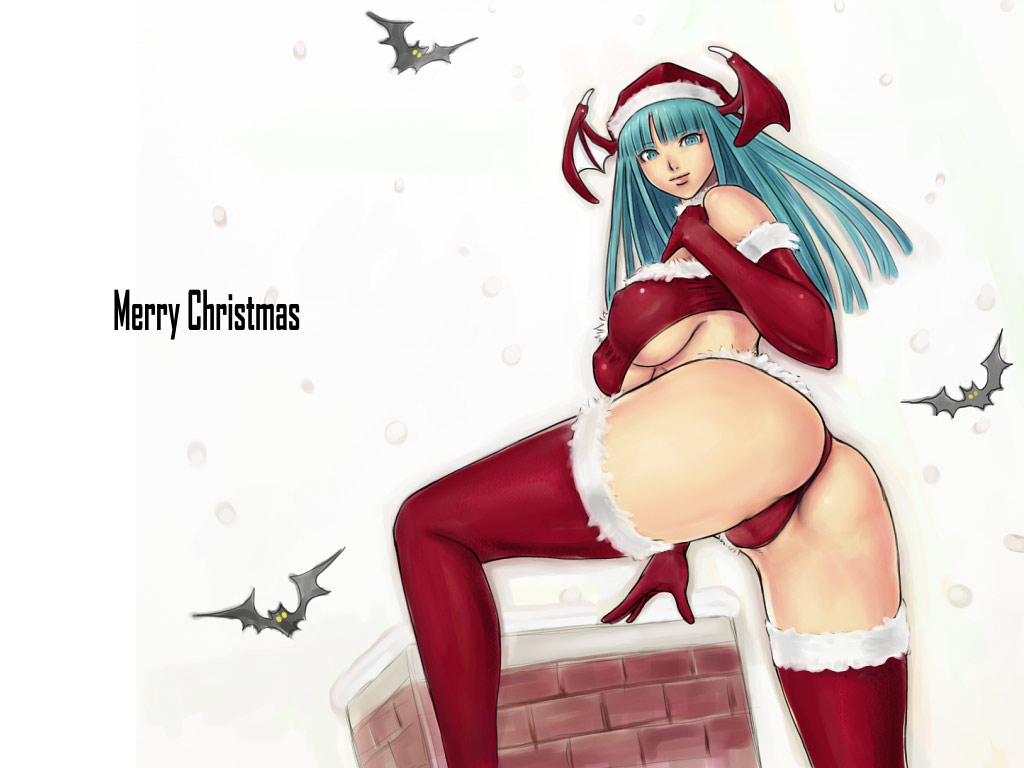 animal, aqua_eyes, aqua_hair, ark, ass, bat, breasts, christmas, darkstalkers, demon, erect_nipples, morrigan_aensland, succubus, thighhighs, underboob